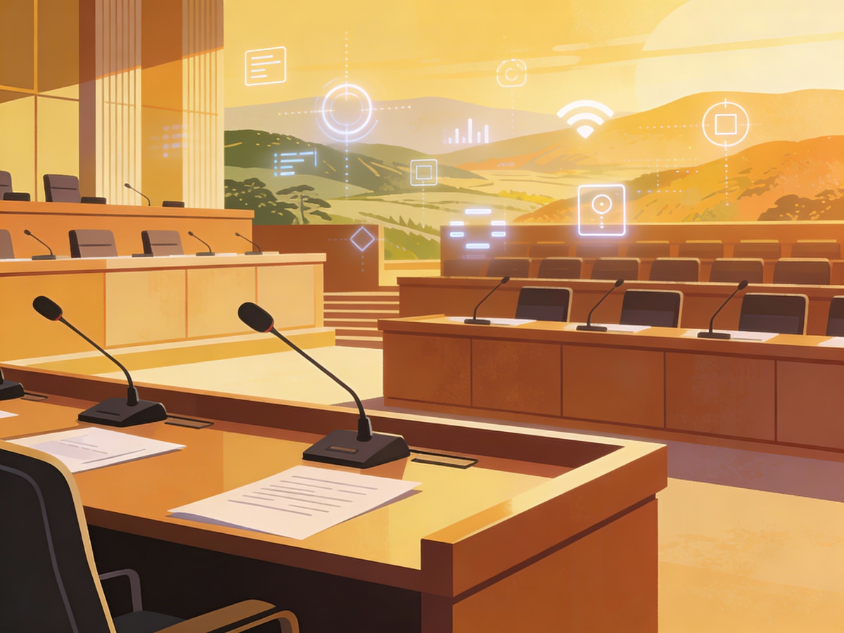Illustration representing a data privacy hearing, with abstract government desks, microphones, and digital data symbols.