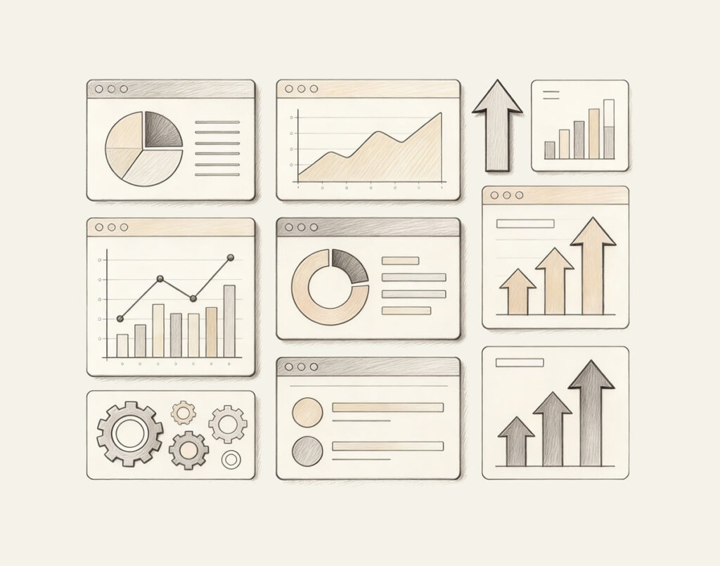 Illustration representing an online advertising dashboard with abstract charts and marketing icons.