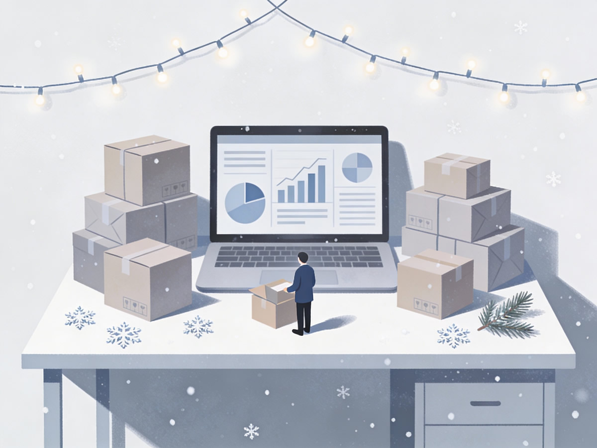 Illustration of an e-commerce workspace ready for the Christmas shopping rush with parcels, a laptop, and festive details.
