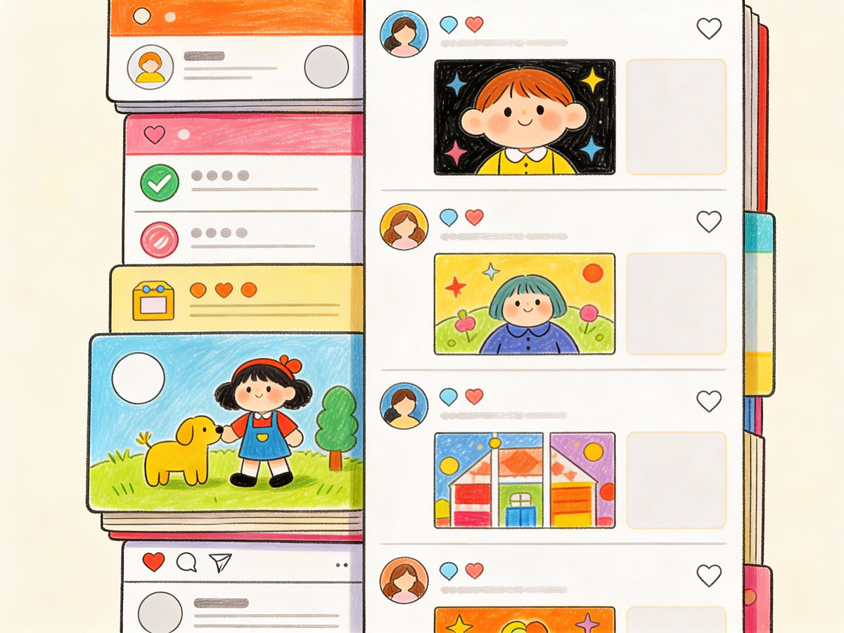 Illustration representing a social media page timeline with stacked content cards